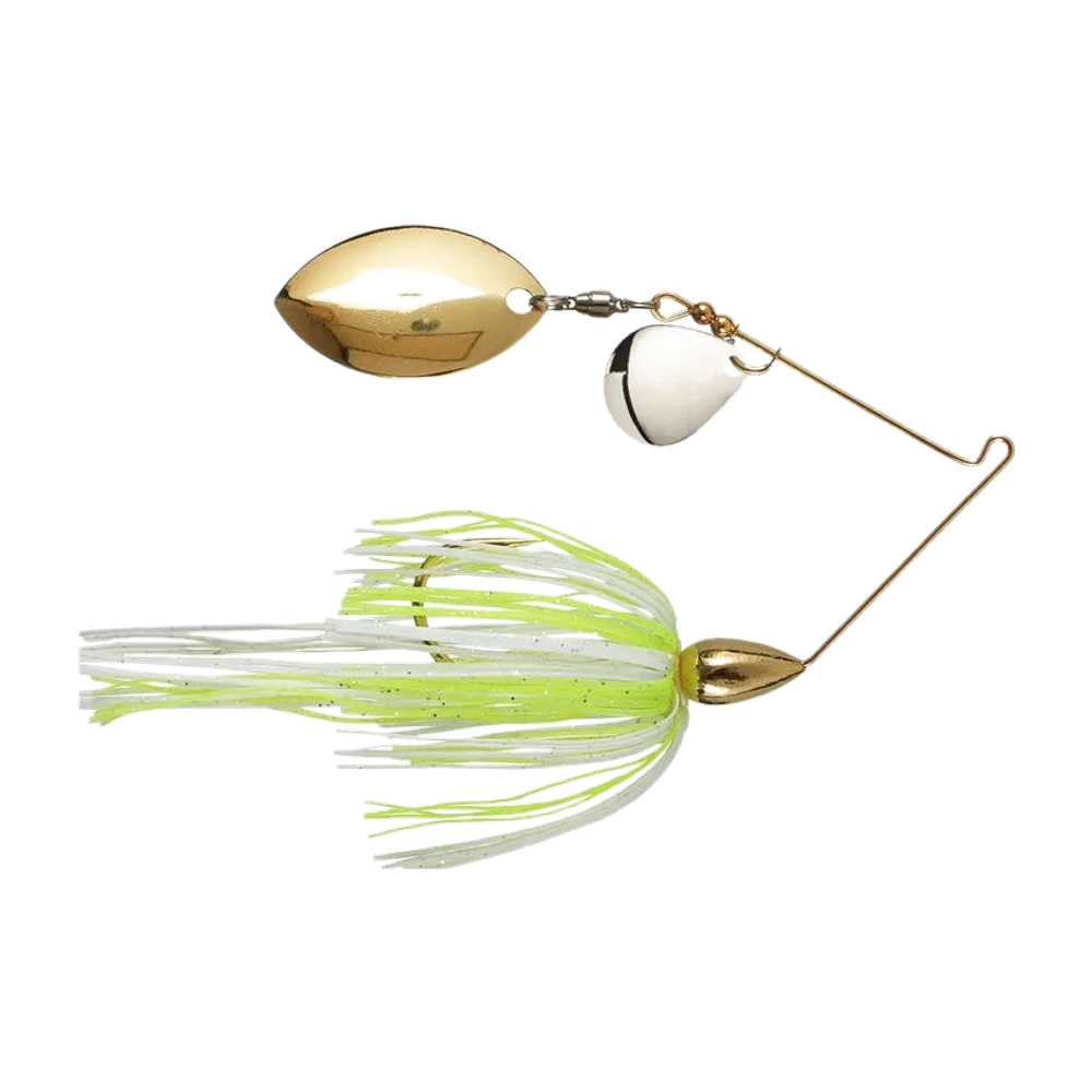 War Eagle Finesse Spinnerbait à tête ogive dorée et bras en fil doré, petite palette colorado nickelée à l'avant et grande palette saule dorée à l'arrière sur émerillon, jupe silicone chartreuse et blanche à brins de deux longueurs