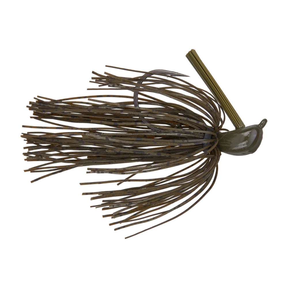 War Eagle Jiu-Jigsu Flipping Jig, tête olive compacte avec anneau encastré, garde-herbe en fibres vertes dressé, jupe silicone brune à reflets bleutés, un seul hameçon fort, sans trailer