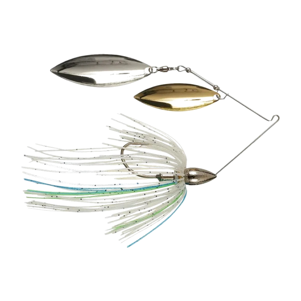 War Eagle Nickel Spinnerbait Double Willow, tête nickel polie en forme d'ogive, jupe silicone blanc nacré pailletée de noir avec quelques brins bleus et verts, palette willow dorée à l'avant et palette willow nickel plus grande à l'arrière