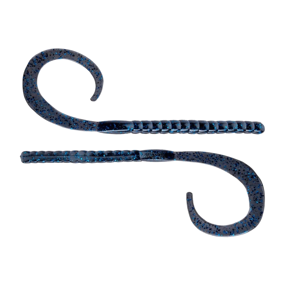 Deux X Zone Pro Series Blitz Worms de 11 pouces, coloris noir bleuté à paillettes bleues, corps annelé sur la moitié avant et longue queue ruban enroulée, leurres nus sans hameçon