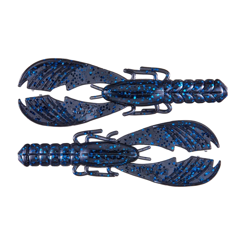 Deux X Zone Pro Series Muscle Back Craws, coloris noir à grosses paillettes bleues, abdomen annelé, deux paires de petites pattes latérales et deux pinces plates striées à tranche extérieure découpée, leurres nus sans hameçon