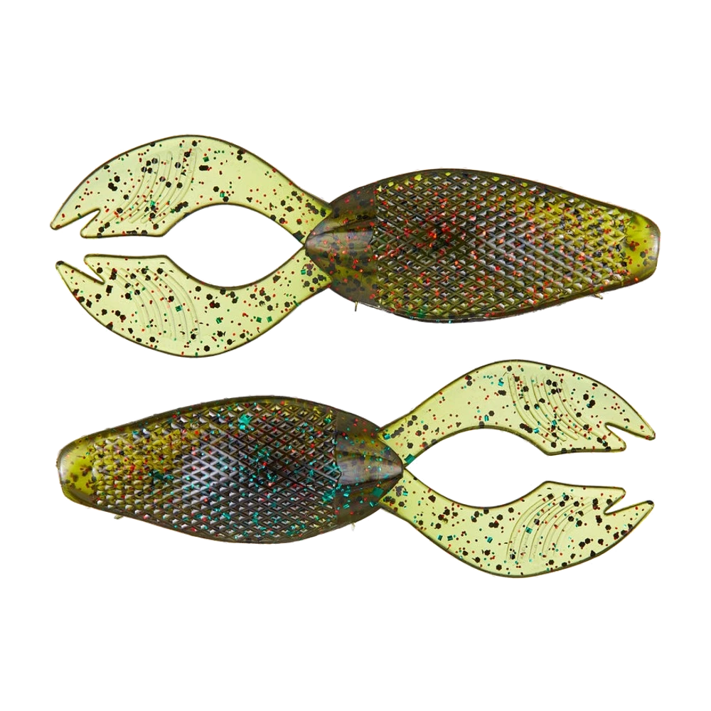 Deux Xcite Baits Sucka Punch vert olive translucide à paillettes rouges noires et turquoise, corps ovale aplati à écailles losangées et paire de pinces plates nervurées
