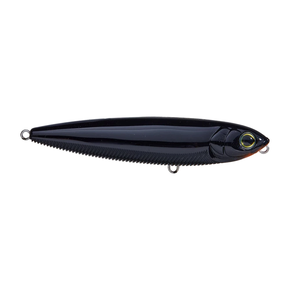 Yo-Zuri 3DB Pencil 100 in glänzendem Schwarz ohne montierte Drillinge, durchgehend gerippter Bauch, goldenes Auge mit schwarzer Pupille und orangefarbene Kehle, drei sichtbare Hakenösen