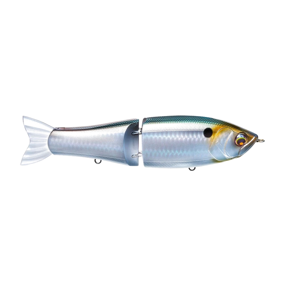 Yo-Zuri Pro Series Glide Bait 180mm, glidebait articulé en deux sections, dos bleu-vert écaillé, flancs perle nacrés, grand oeil doré, queue souple translucide, photographié sans hameçons montés