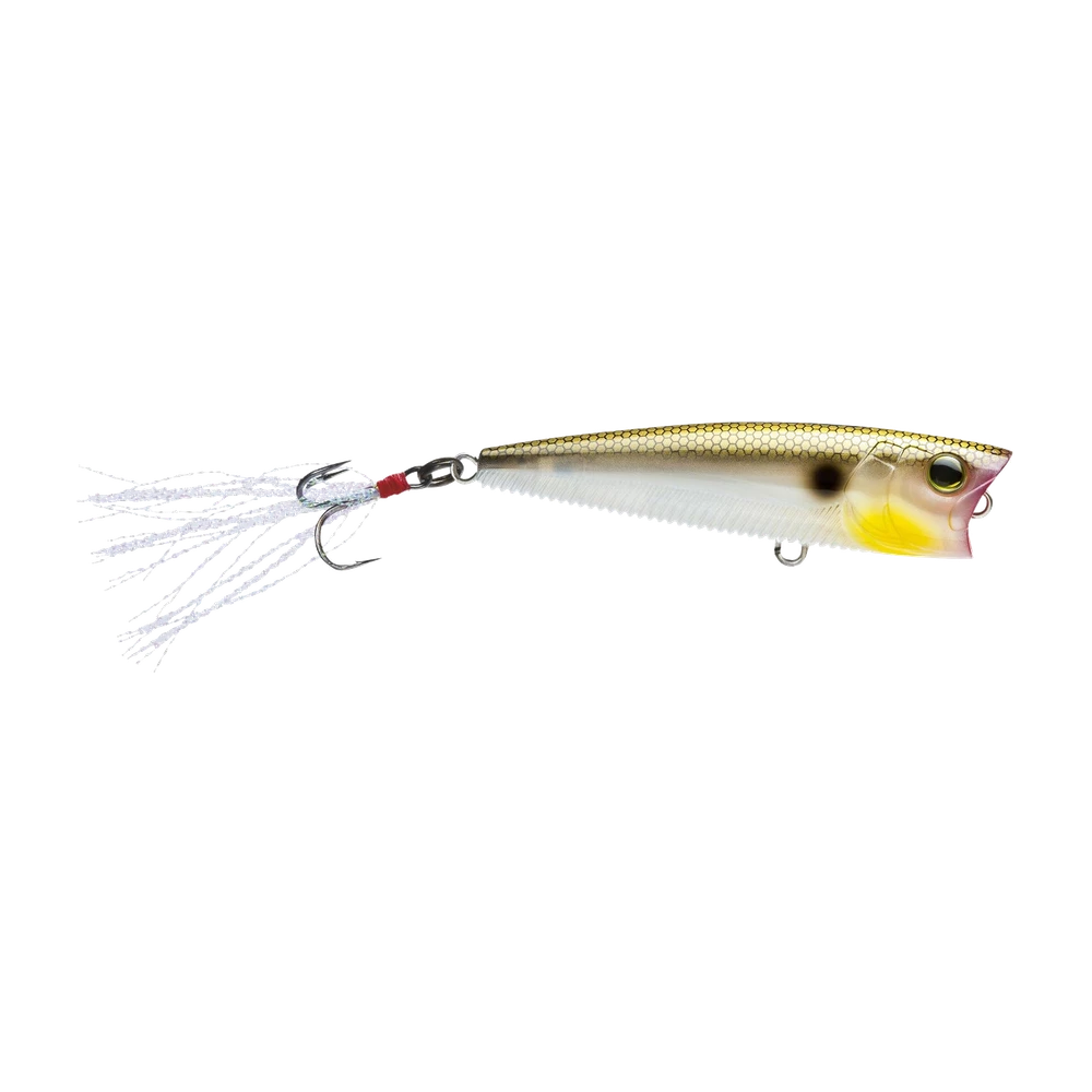 Popper Yo-Zuri 3DB en coloris Gizzard Shad, dos doré écaillé et ventre nacré, avec sa mouche blanche sur l'hameçon arrière