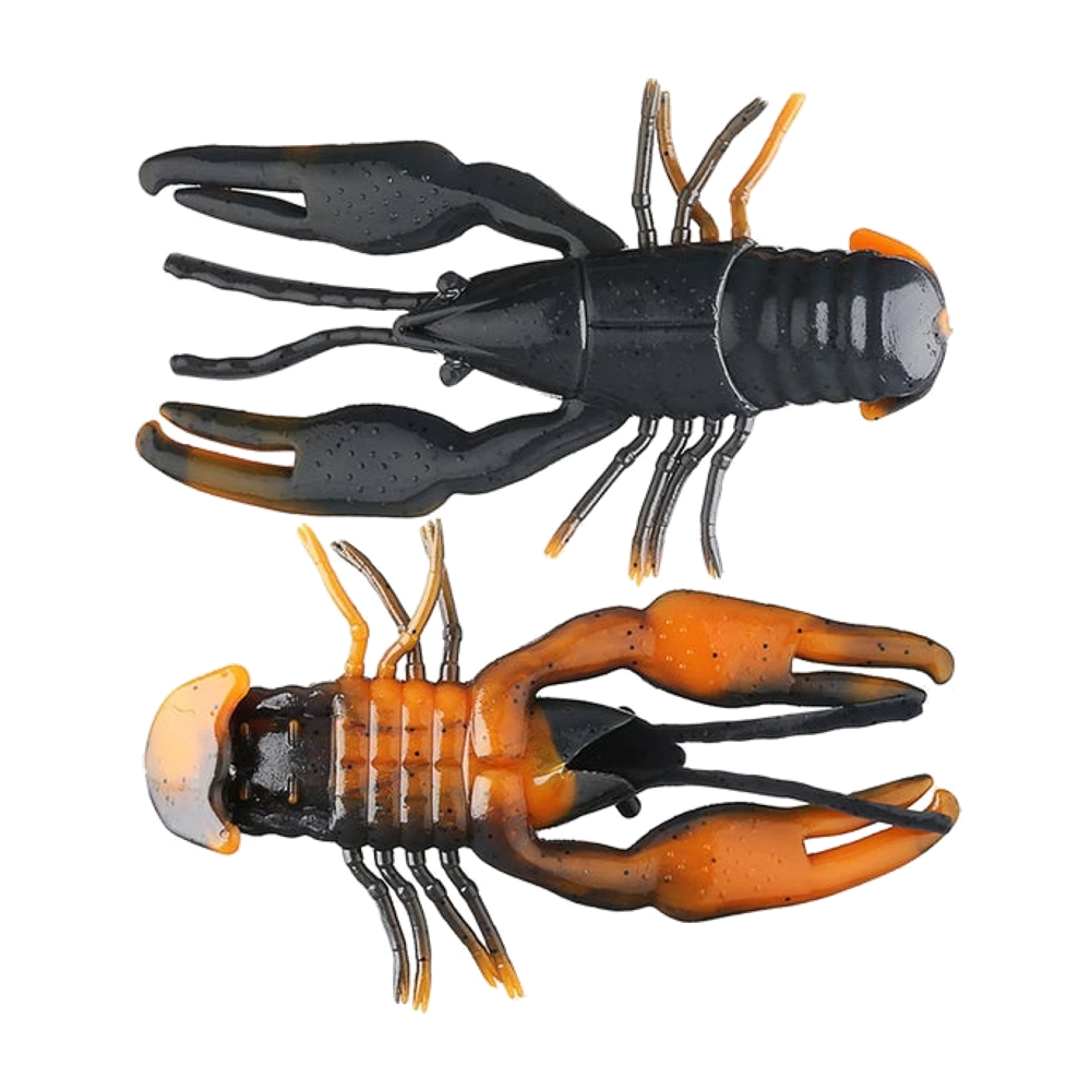 Zwei Yum Crawbug von oben, einer schwarz mit orangefarbenem Rand an Scheren und Schwanz, einer rostorange mit dunklem Carapax und cremefarbenem Schwanzfächer, beide mit feinen Beinen und Antennen