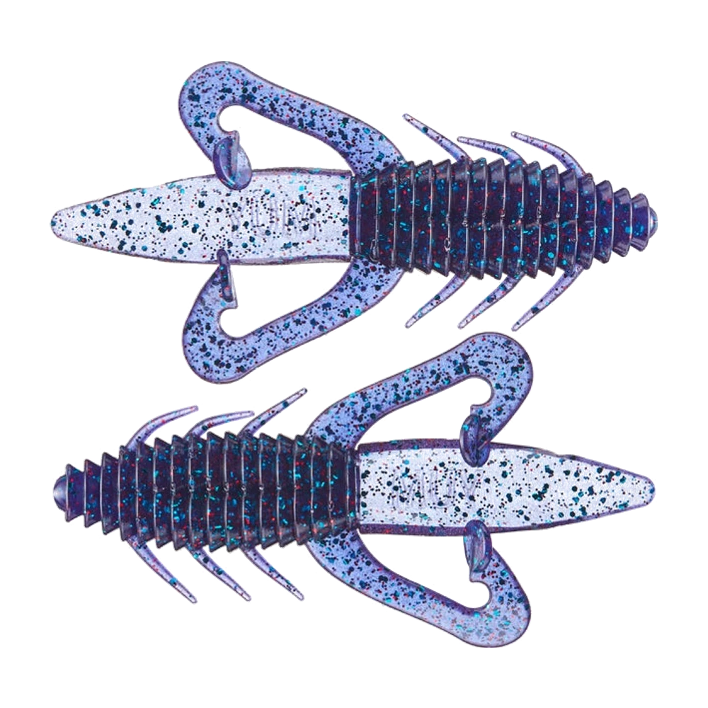 Deux Yum Scutter Bug vus de dos, violet translucide pailleté bleu et rouge, corps annelé, longues pattes plates terminées par une palette crochue, leurres nus sans hameçon