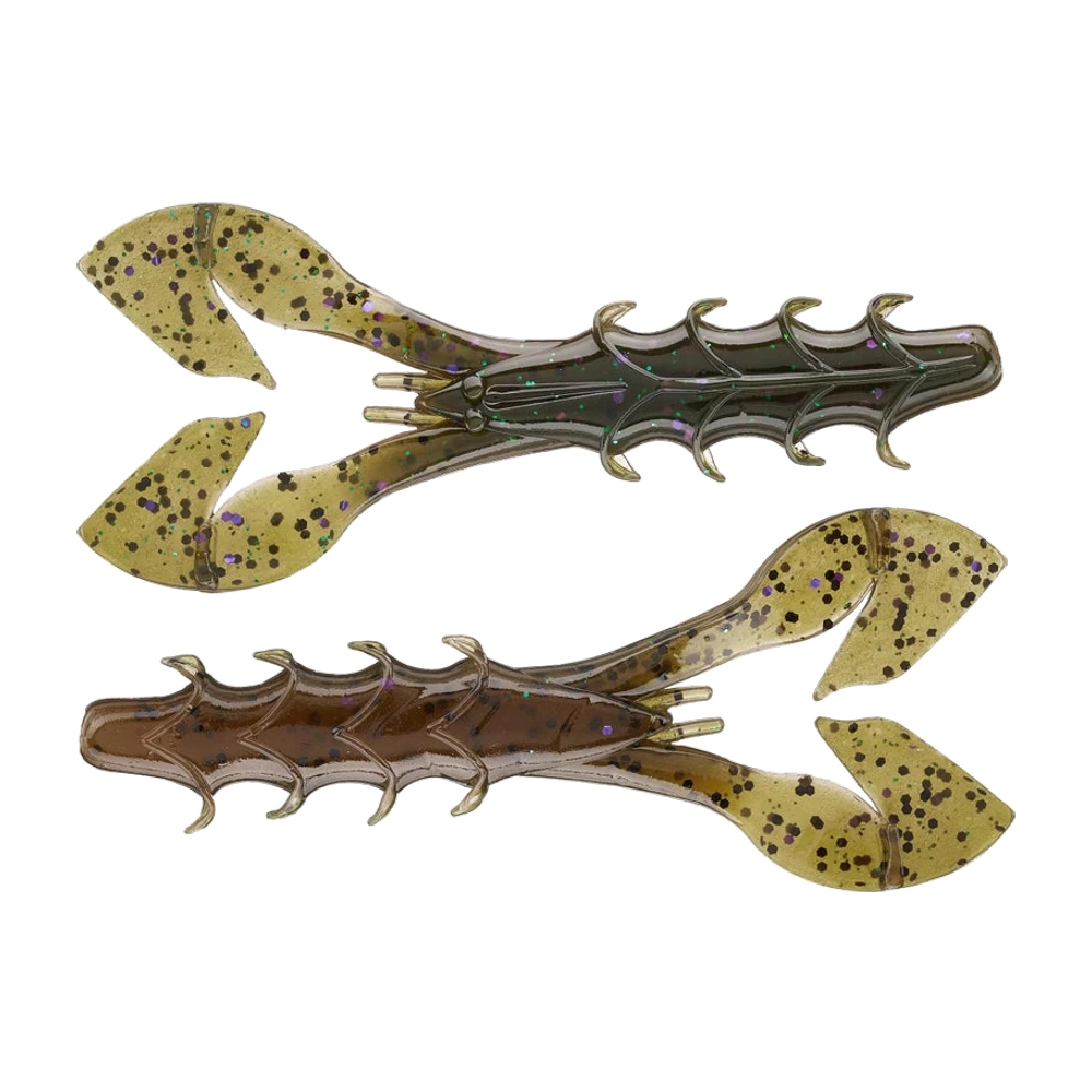 Deux Yum Spine Craw vus de dos, corps bicolore vert olive et brun à paillettes violettes, grandes pinces plates vert pumpkin mouchetées de noir, rangées d'appendices en épines le long du corps, leurres nus