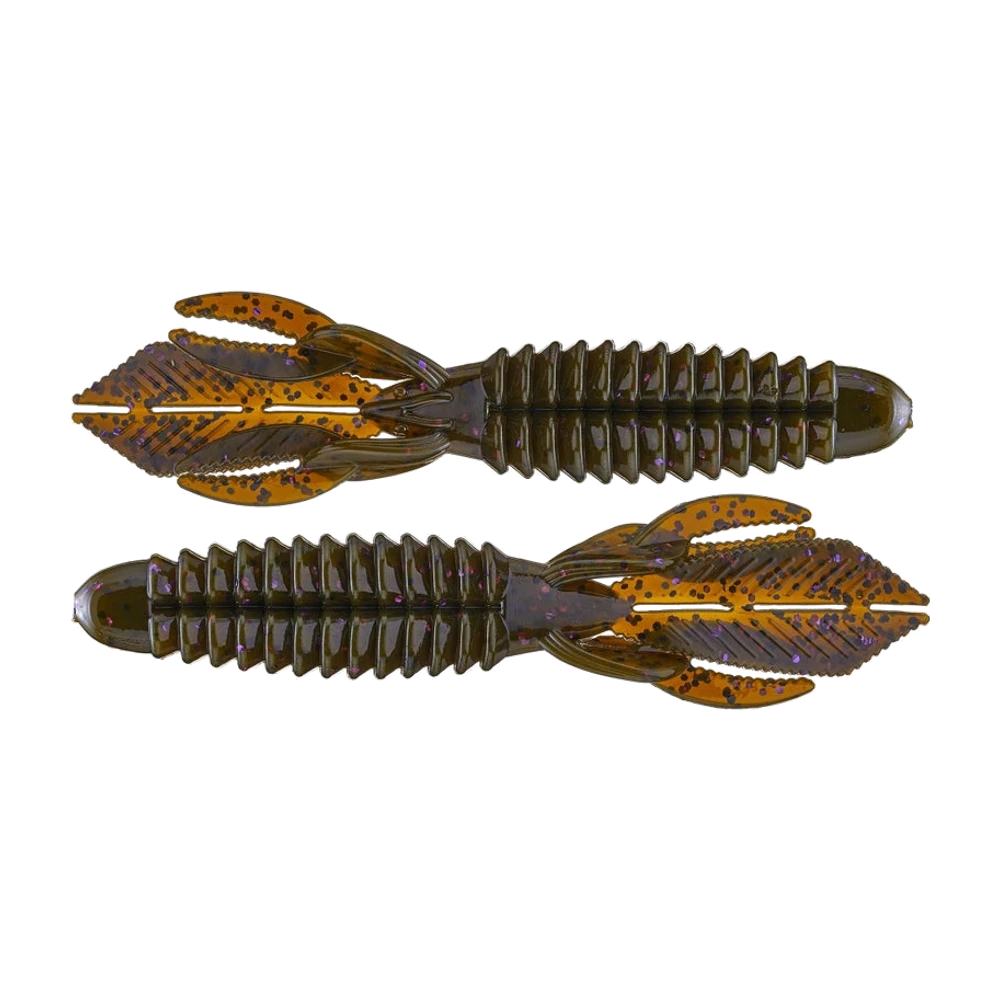 Deux Yum Wooly Bug vus de dos, corps fortement annelé brun olive à paillettes violettes, extrémité arrière arrondie et aplatie, pinces plates nervurées orangées, leurres nus sans hameçon