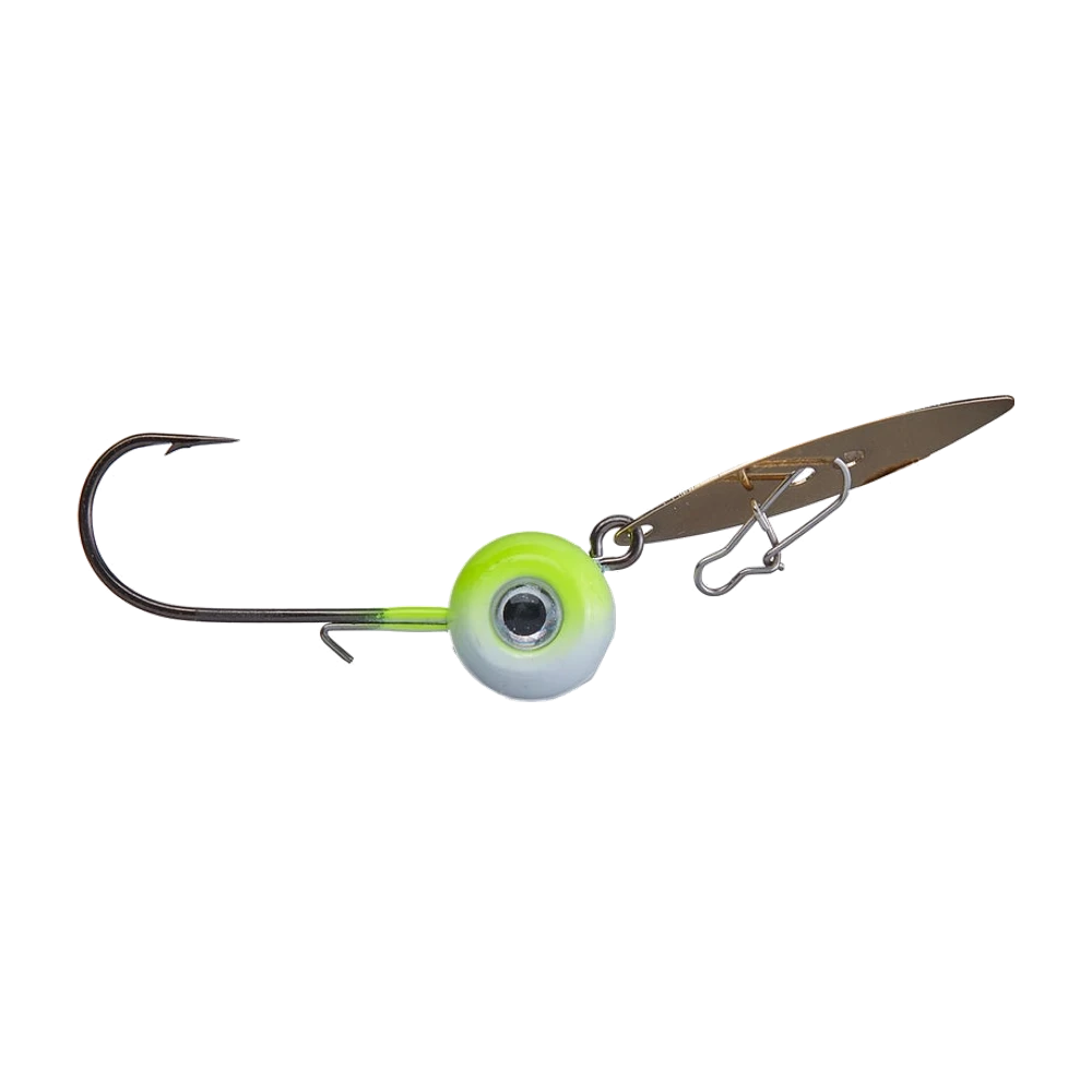 Blanker Z-Man Chatterbait WillowVibe, chartreuse-weißer Aspirinkopf mit großem 3D-Auge, goldenes Weidenblatt am Kopfende eingehängt, dunkler Einzelhaken und Drahthalter am Schenkel