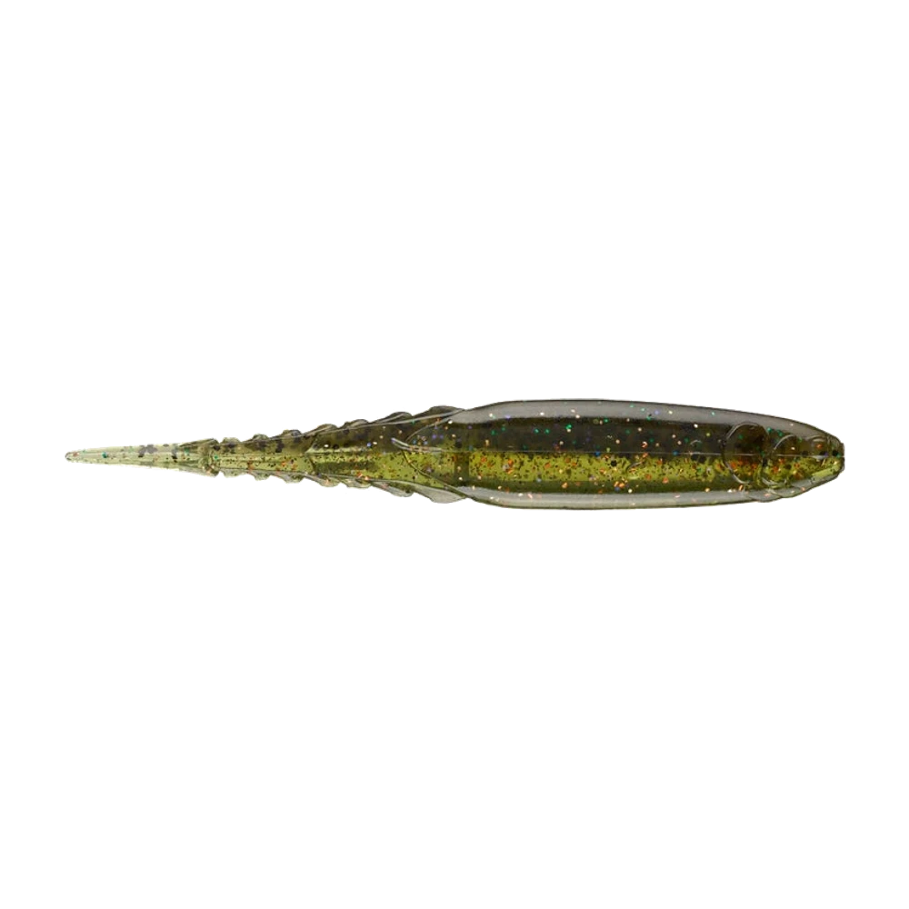 Z-Man ChatterSpike vert olive translucide pailleté or et vert, corps lisse à tête fine et longue queue pintail segmentée, leurre nu sans hameçon