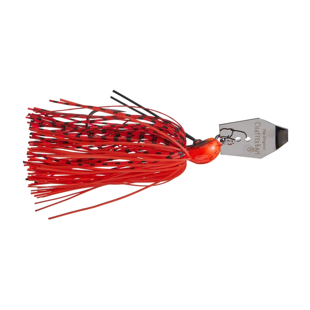 Z-Man Crosseyez Chatterbait rouge et noir, tête plombée rouge mouchetée, jupe silicone rouge barrée de noir, lame hexagonale inox polie et garde-herbe en fils sombres