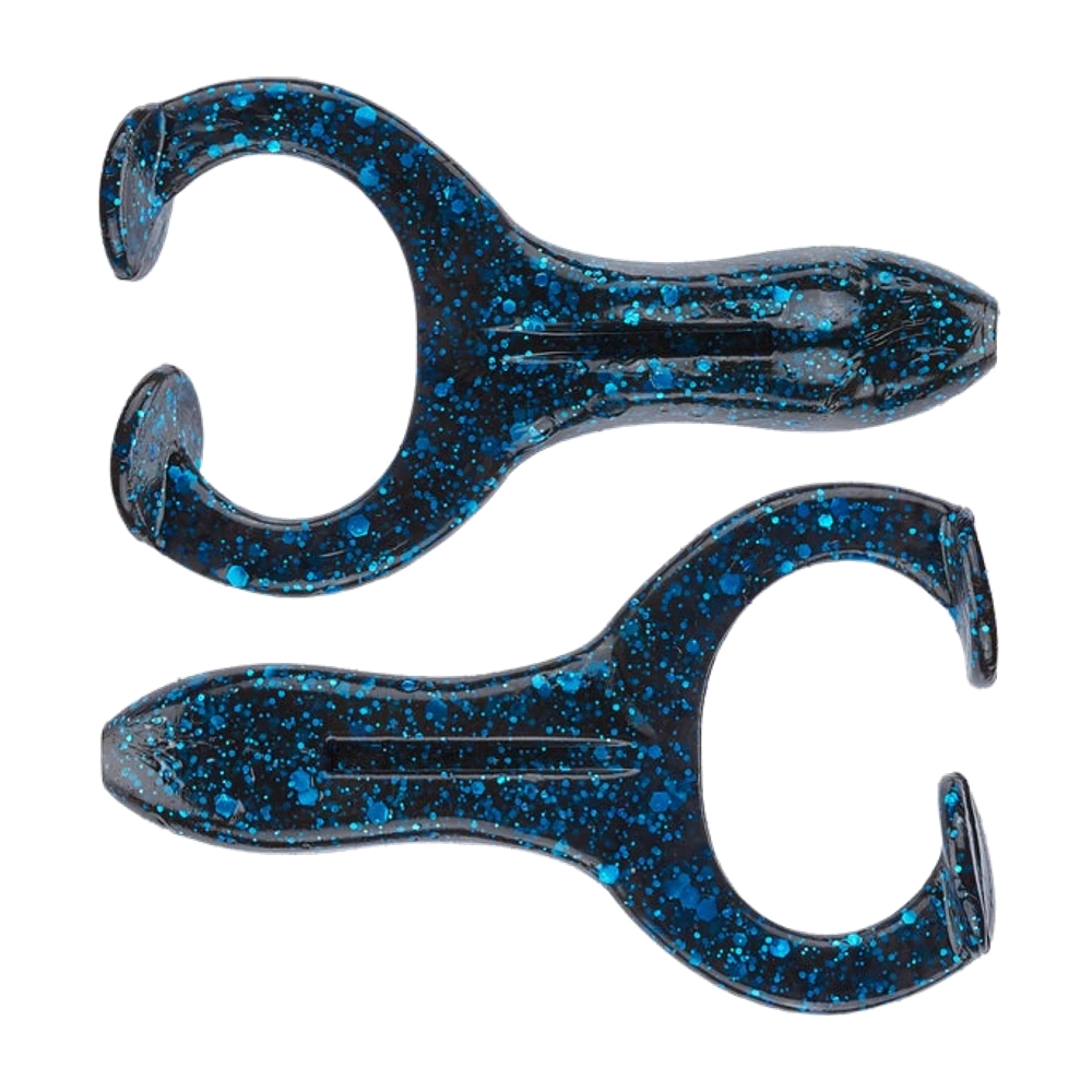 Deux Z-Man Finesse Frogz noirs à grosses paillettes bleues, corps court et effilé avec fente d'hameçon moulée dans le dos et deux longues pattes palmées enroulées en C