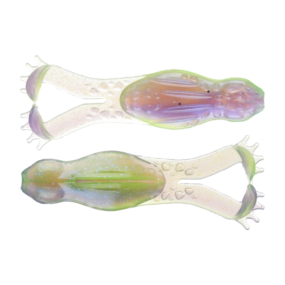 Deux Z-Man Goat Toadz nus vus de dos et de ventre, corps nacré translucide à reflets violets et liseré chartreuse, paillettes dorées et bleues, pattes à pieds-palettes