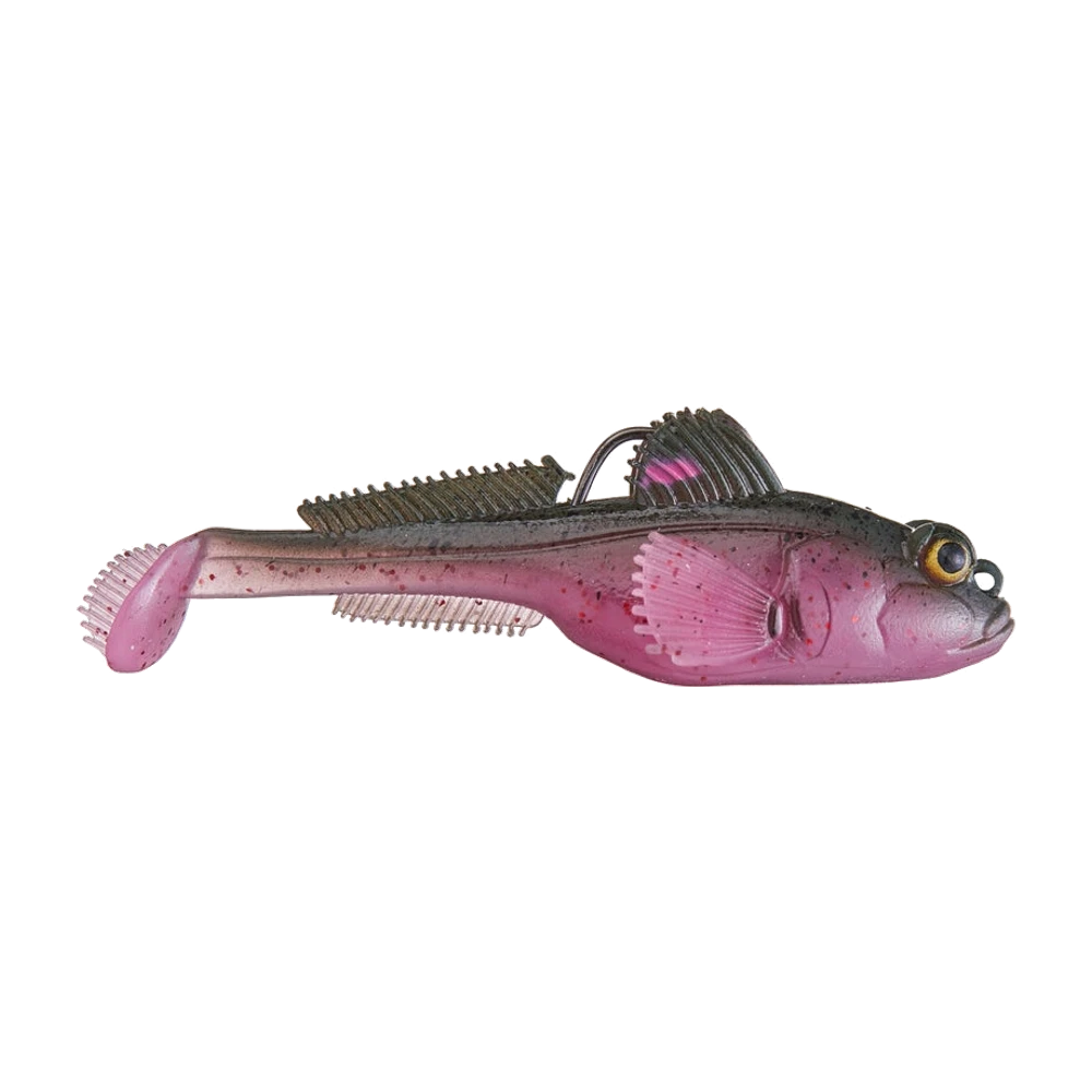 Z-Man Gobius Swimbait 3 pouces, corps rose magenta pailleté de rouge au dos brun-olive moucheté, grosses pectorales, œil jaune cerclé de noir, pointe d'hameçon logée entre les deux dorsales