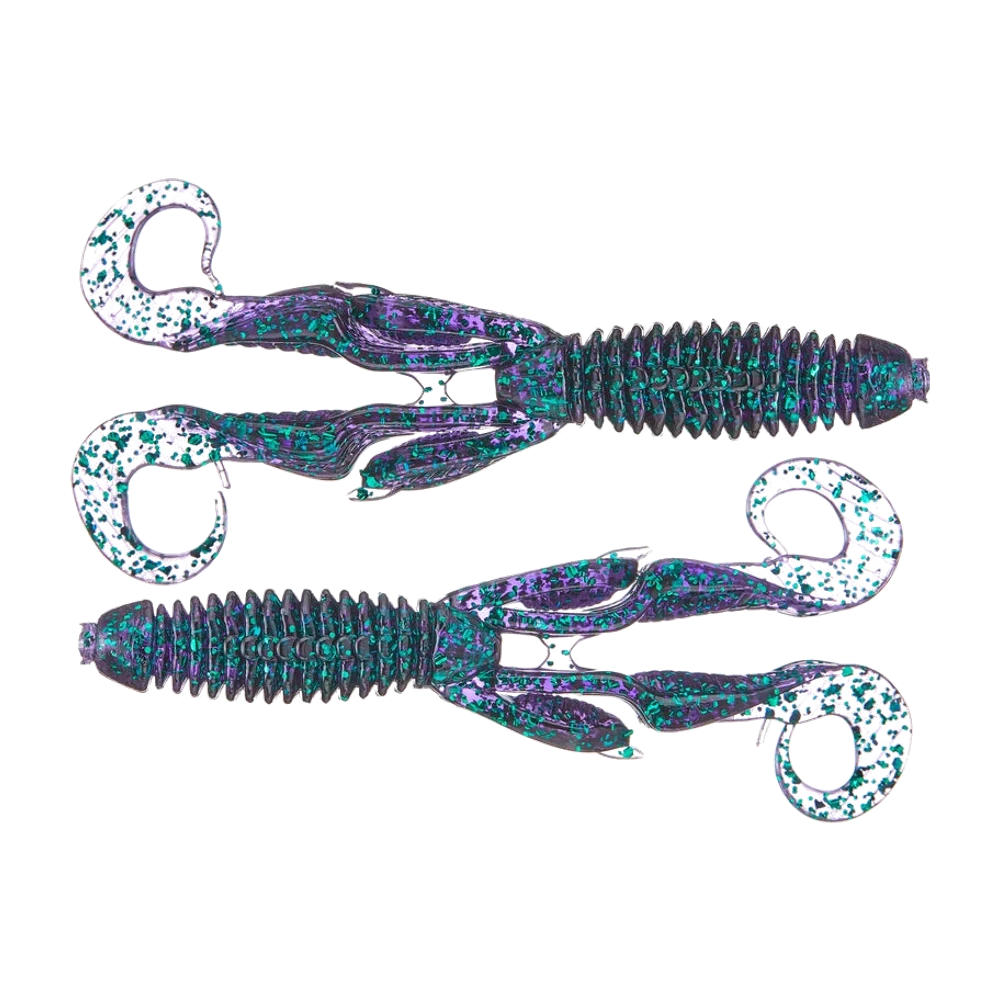 Deux Z-Man Gremlin nus, corps annelé violet translucide à grosses paillettes vertes, deux queues ondulées claires très pailletées et appendices latéraux plats