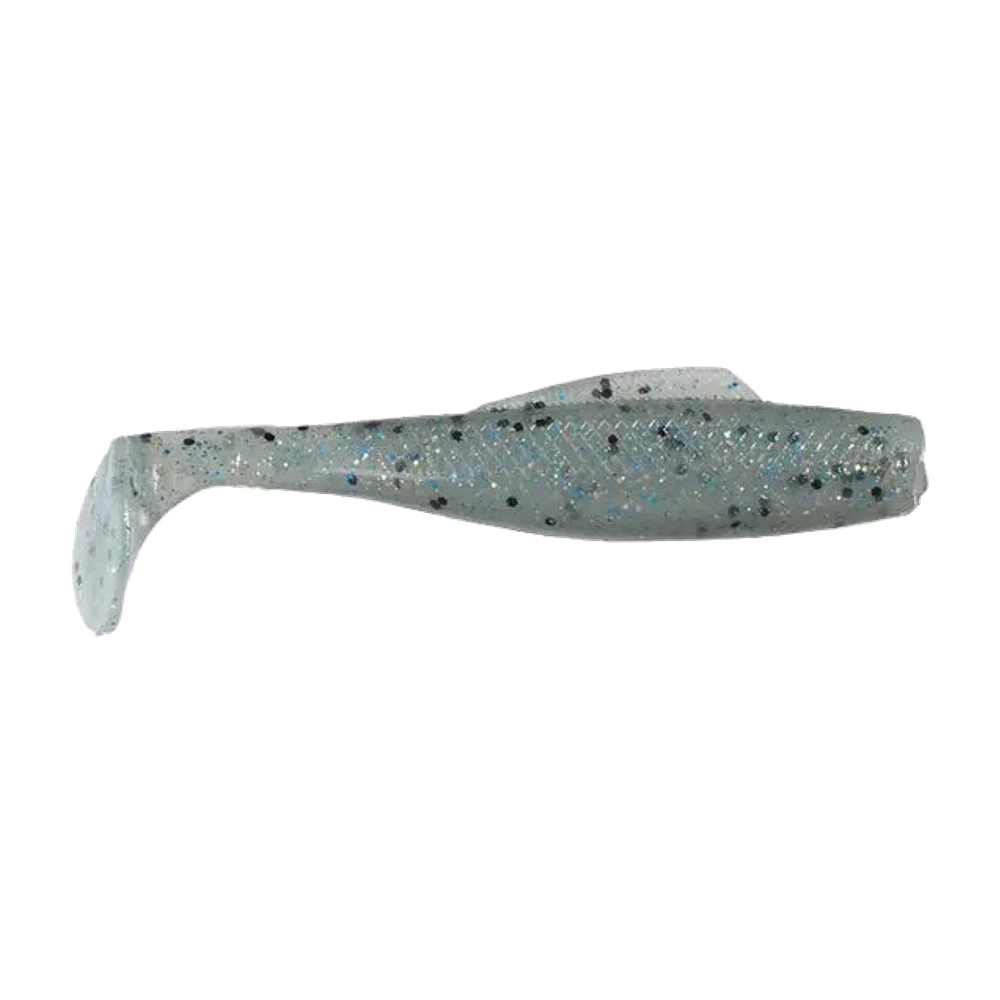 Z-Man Minnowz, 3 Zoll langer weicher Shad in durchscheinendem Perl mit blauem und schwarzem Glitter, breite flache Schaufelkaudal, nackter Köder ohne Haken
