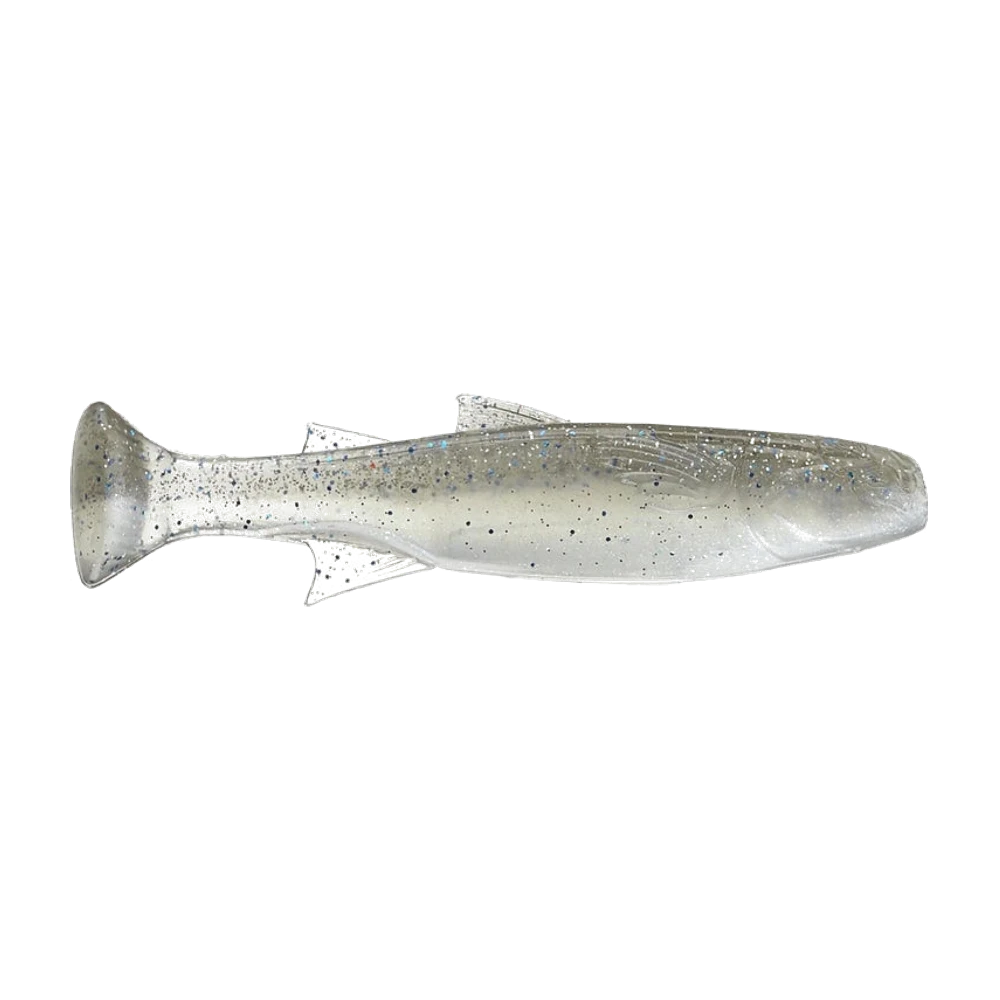 Z-Man Mulletron, swimbait souple translucide nacré à paillettes argentées, corps trapu de mulet, nageoires et opercules moulés, queue en coin arrondi, leurre nu