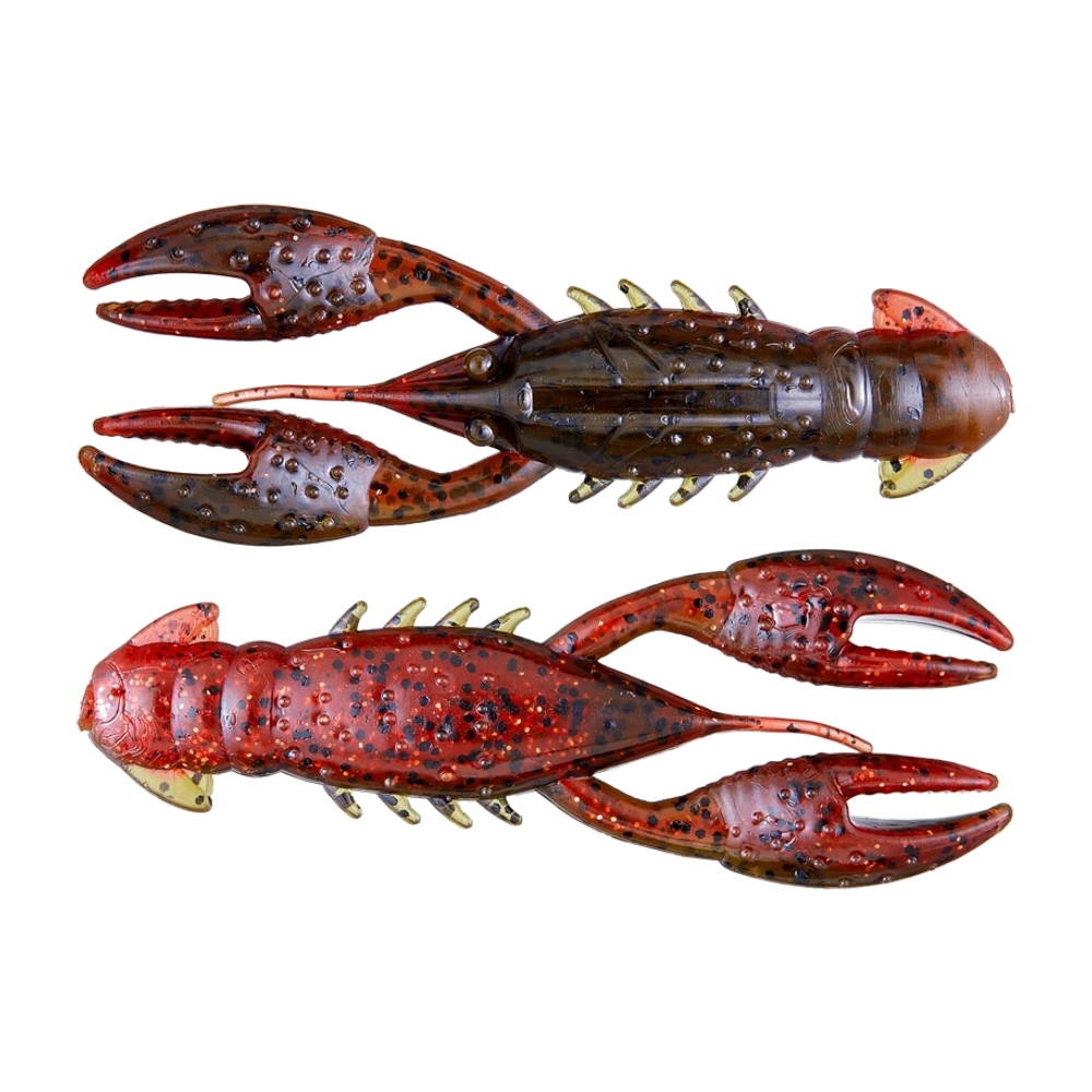 Deux Z-Man Pro Crawz vus de dessus, l'un brun pumpkin à paillettes noires, l'autre rouge translucide pailleté, pinces granuleuses, nageoires latérales claires, queue repliée sous le corps