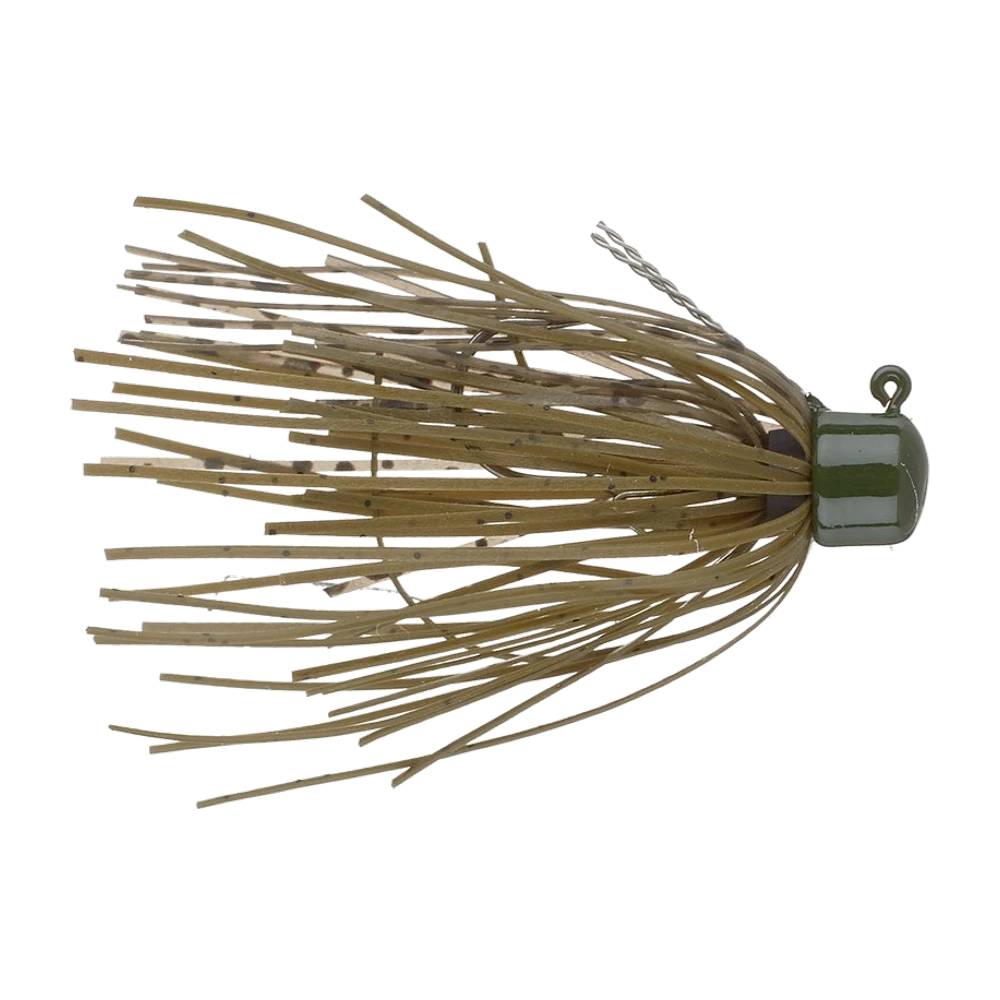 Z-Man Shroomz Micro Finesse Jig à tête champignon vert olive laquée, jupe silicone brun-olive mouchetée, porte-leurre en fil torsadé visible