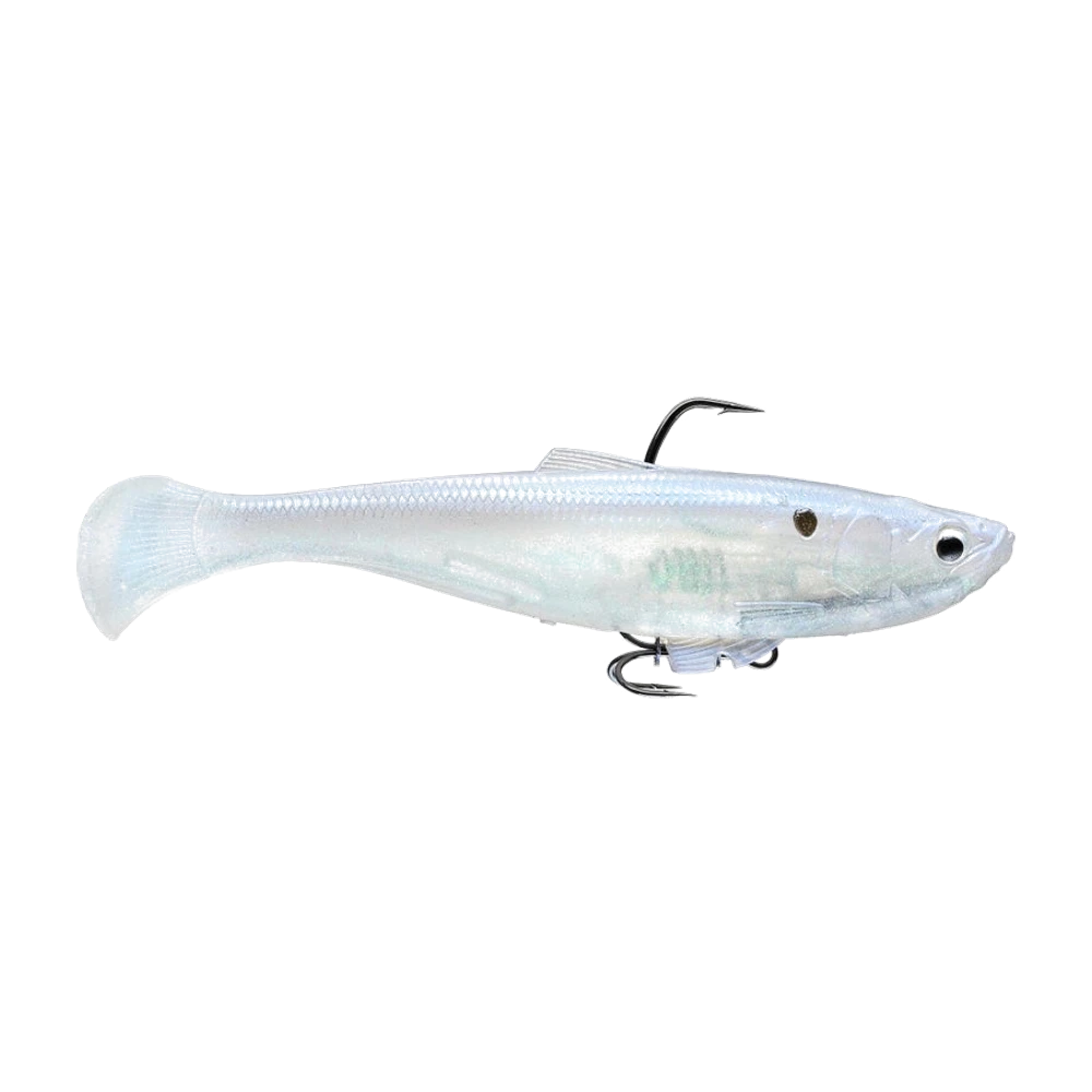 Z-Man Swag LT Swimbait blanc nacré translucide à écailles et oeil 3D, hameçon simple noir sortant du dos et hameçon double clipsé sous le ventre