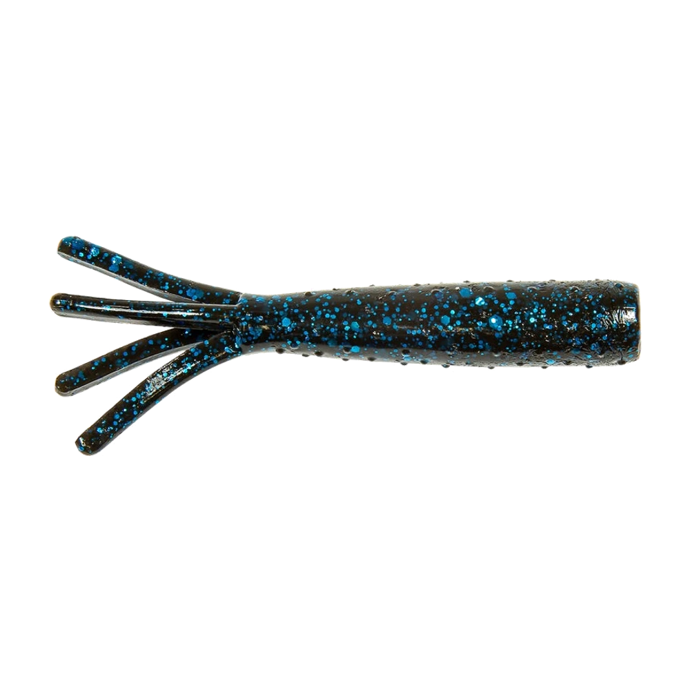 Z-Man TRD TicklerZ non monté, corps cylindrique noir pailleté bleu à surface granuleuse, tête plate et quatre tentacules épais écartés à l'arrière