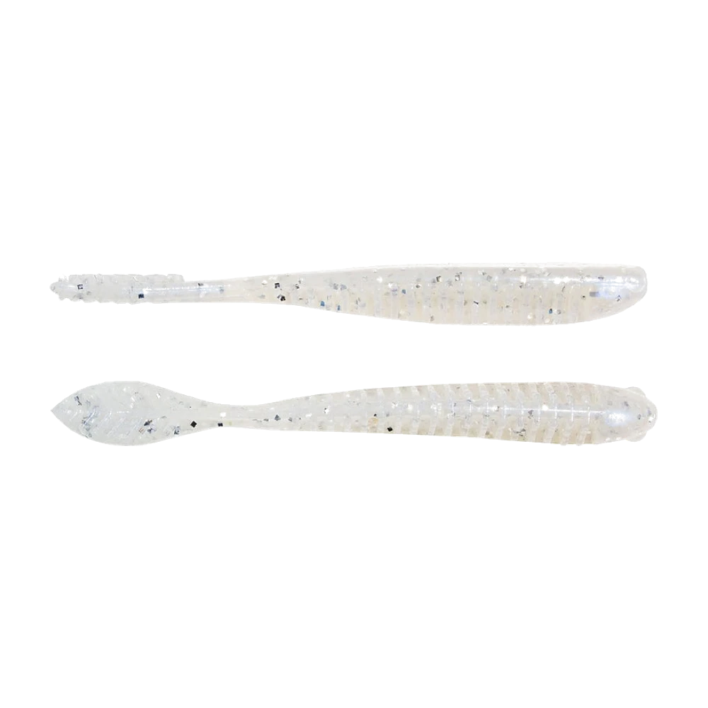 Z-Man Trick Shotz non montés, deux vues du même leurre, blanc nacré translucide à grosses paillettes argentées, corps côtelé et queue plate en feuille