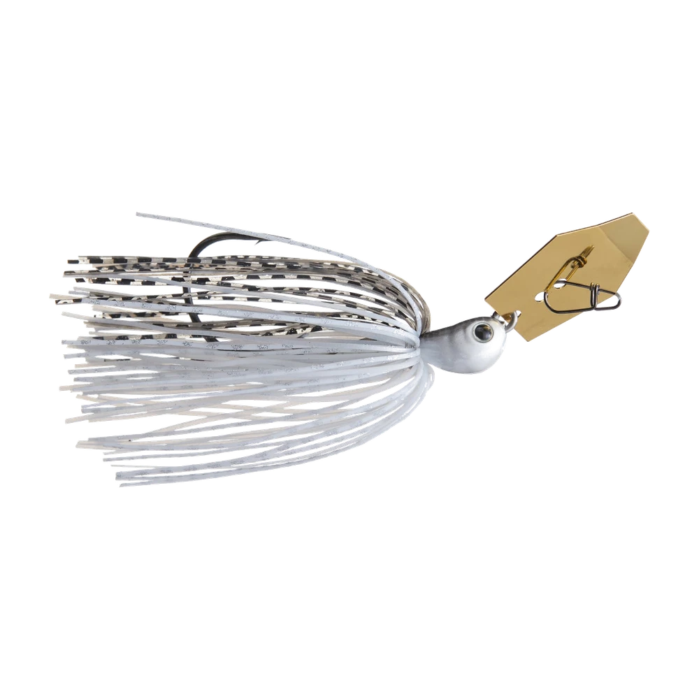 Chatterbait Z-Man Jack Hammer, palette dorée hexagonale et jupe silicone blanche pailletée