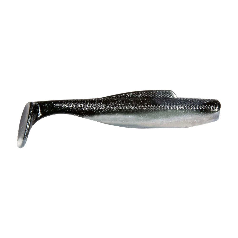 Z-Man DieZel MinnowZ ElaZtech shad in a black-glitter-back, silver-belly finish