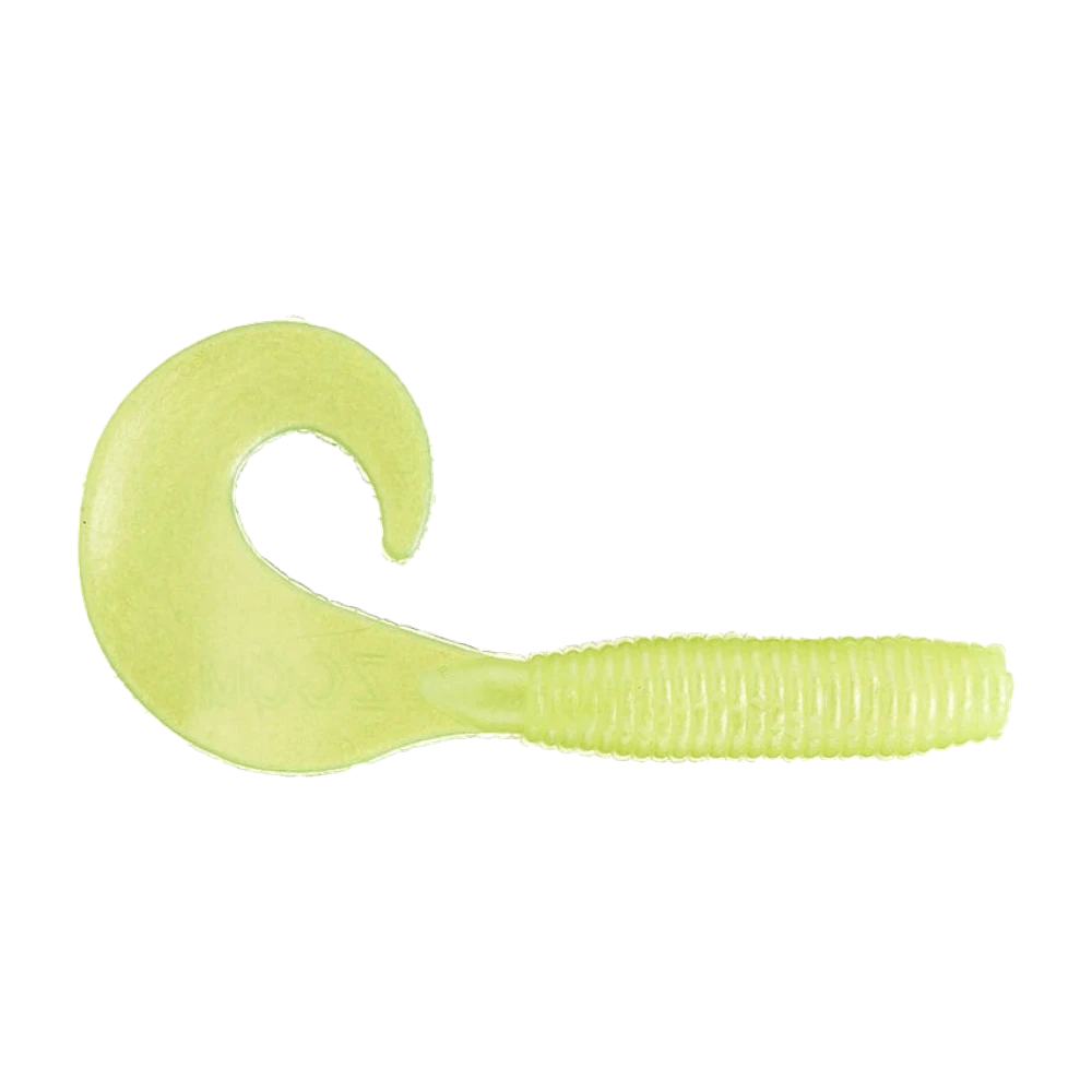 Zoom Fat Albert Grub chartreuse opaque, corps court à anneaux larges et profonds, grosse queue en boucle plate marquée du logo Zoom, présenté nu sans hameçon