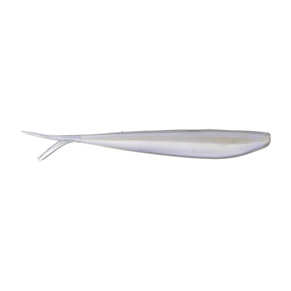 Zoom Fluke in durchscheinendem perlmuttweißem Pearl, flacher schlanker Futterfischkörper mit tief gegabeltem Schwanz aus zwei feinen Spitzen, pur ohne Haken abgebildet