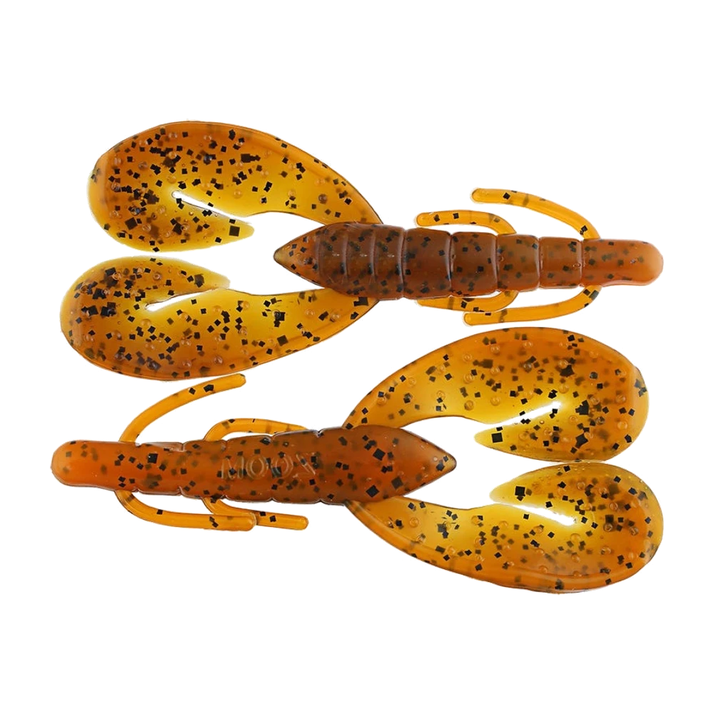 Zoom Super Speed Craw 4, deux écrevisses souples brun orangé translucide à paillettes noires et cuivrées, abdomen segmenté, deux pinces plates très larges et quatre pattes filiformes, présentées nues