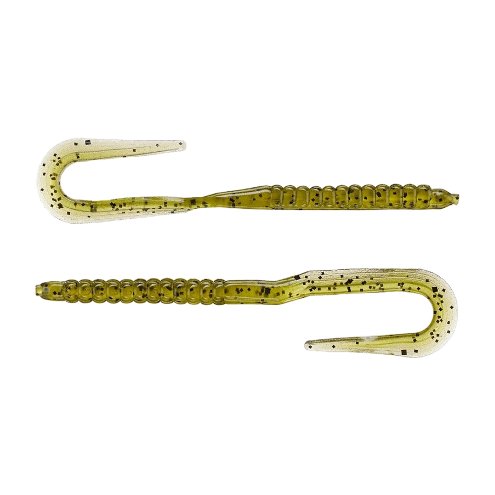 Zoom U Tail Worm, deux vers souples vert olive translucide à paillettes brunes, corps annelé sur les deux tiers avant et queue plate repliée en U à deux pointes libres, présentés nus