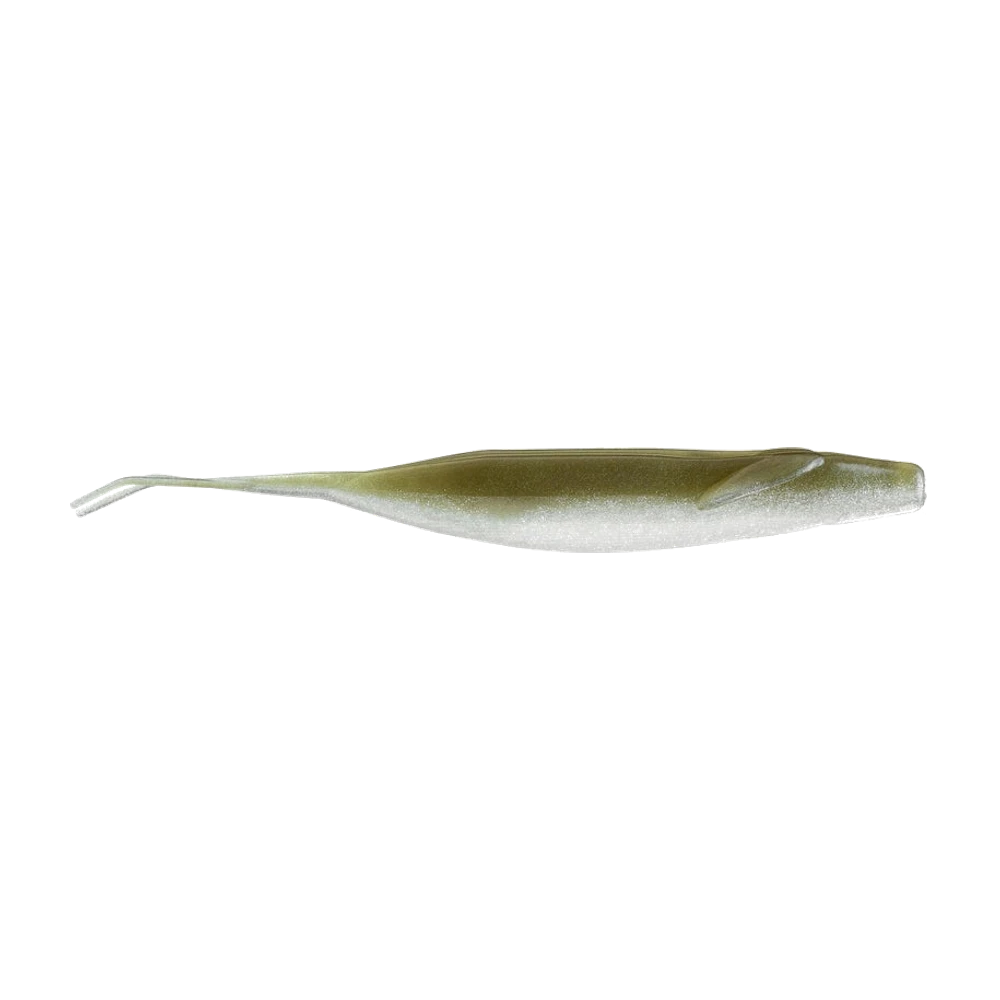 Zoom Winged Fluke non monté, dos vert olive et ventre blanc nacré pailleté, aileron plat saillant derrière la tête, fine queue fourchue